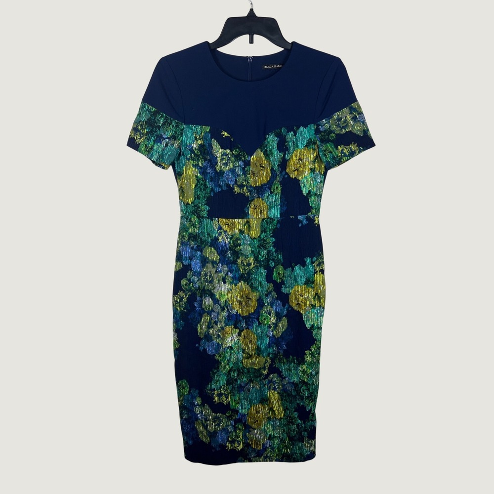 Black Halo Sheath Dress Womens 4 Blue Floral Metallic Jacquard Short Sleeve Knit